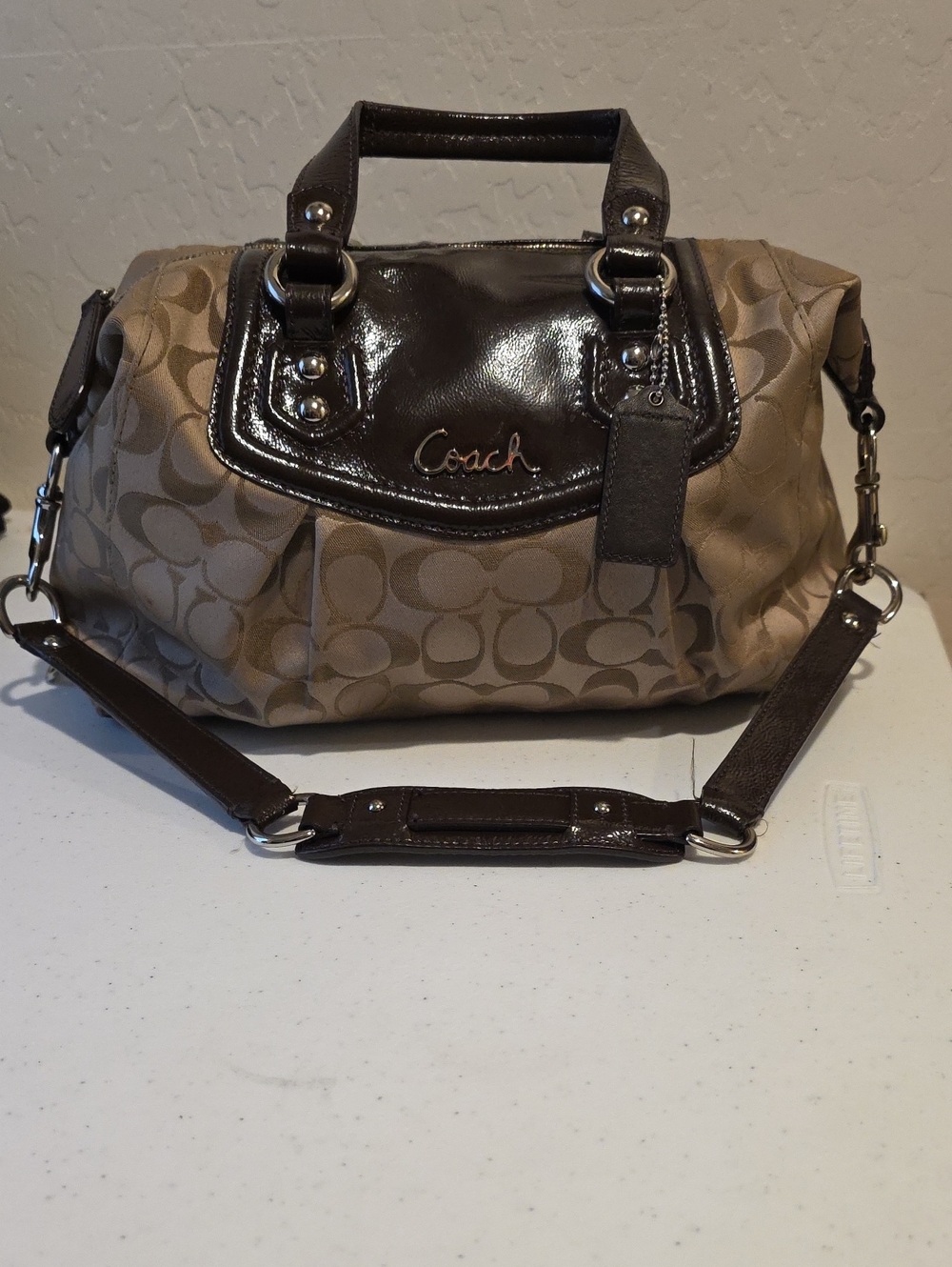 Coach Tan Signature Satchel with Dark Brown Patent Trim